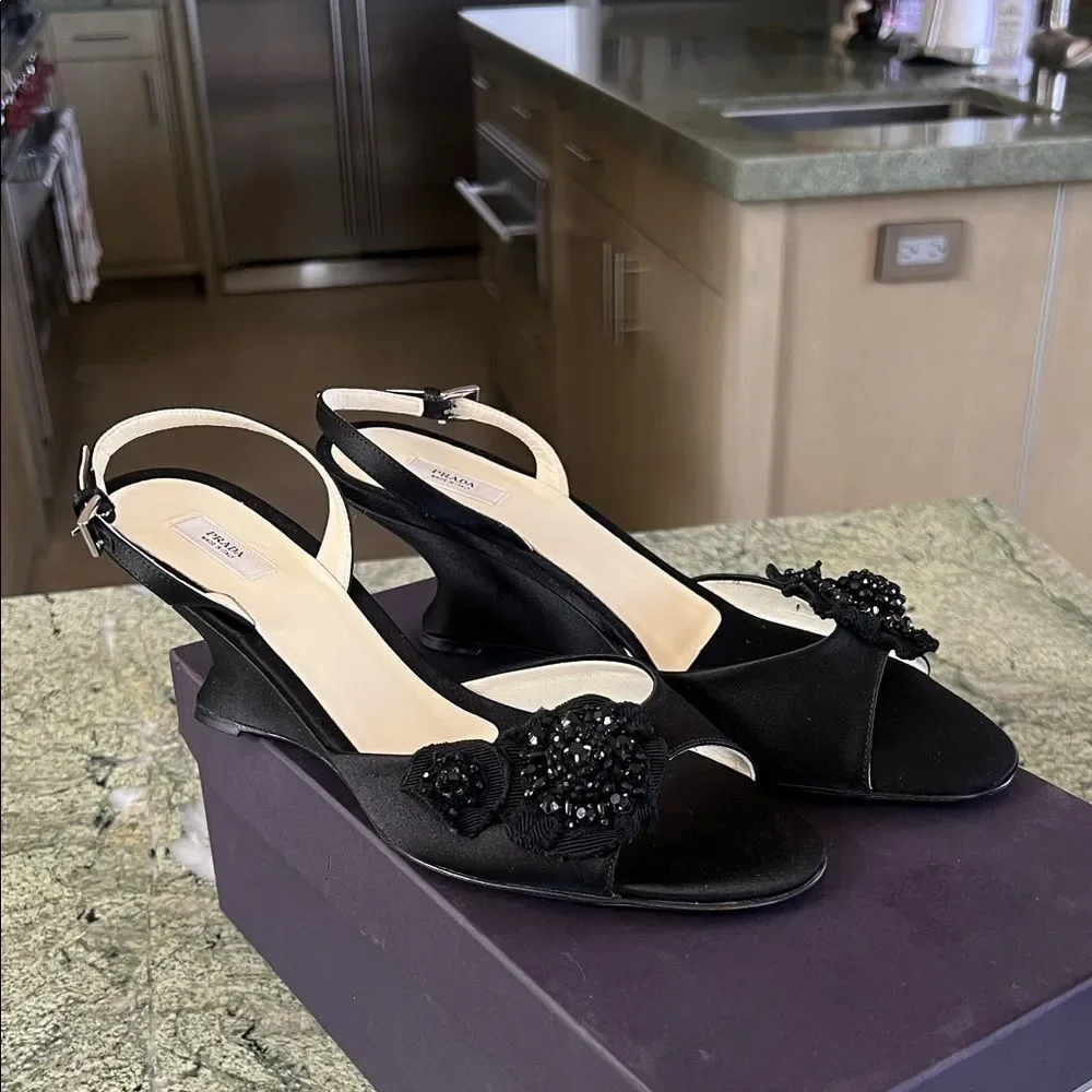 PRADA Black Wedge Sandals with Embellished Detail 38.5